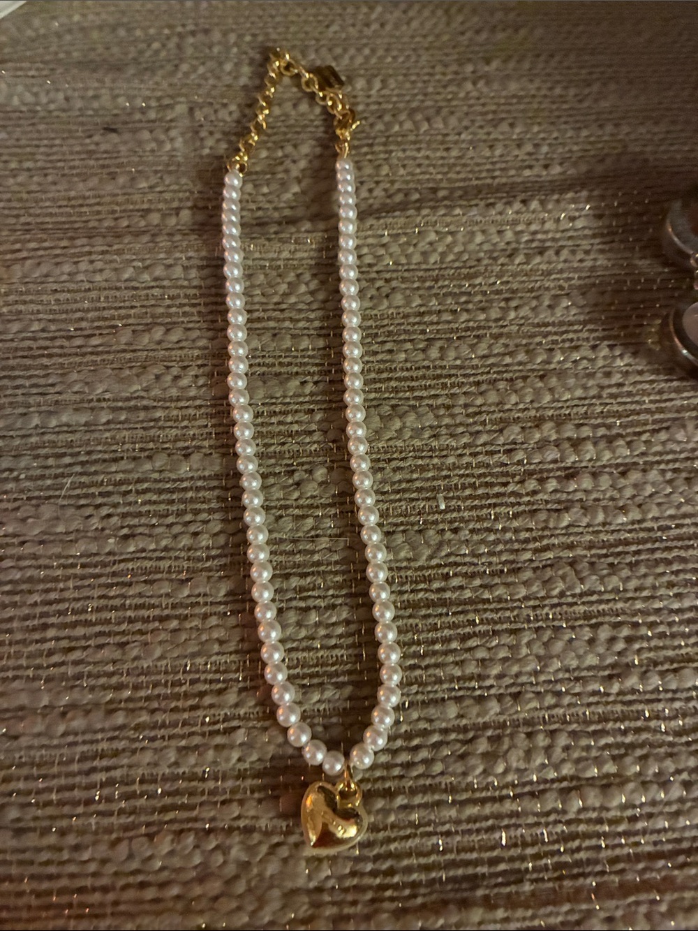 Coach Pearl Beaded Necklace with Gold Heart Pendant - White